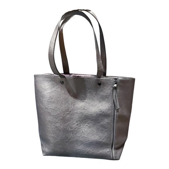 NEIMAN MARCUS Large Silver Tote Dual Handle Expandable Zippers Bucket Lined - Picture 2 of 11